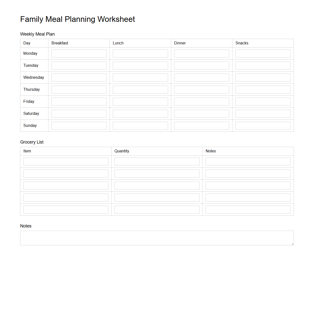 Family Meal Planning Worksheet