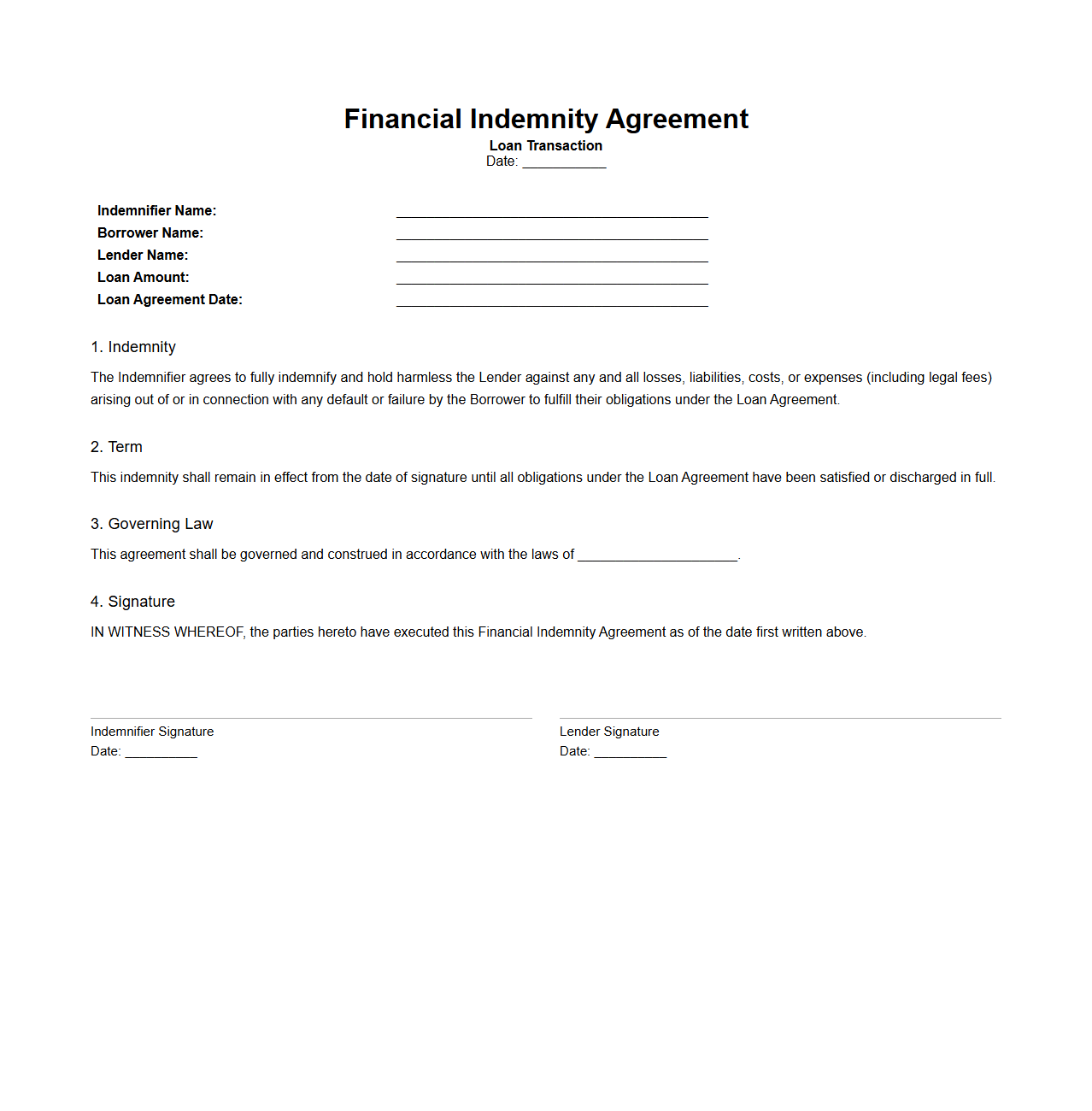 Financial Indemnity Template for Loan Transactions