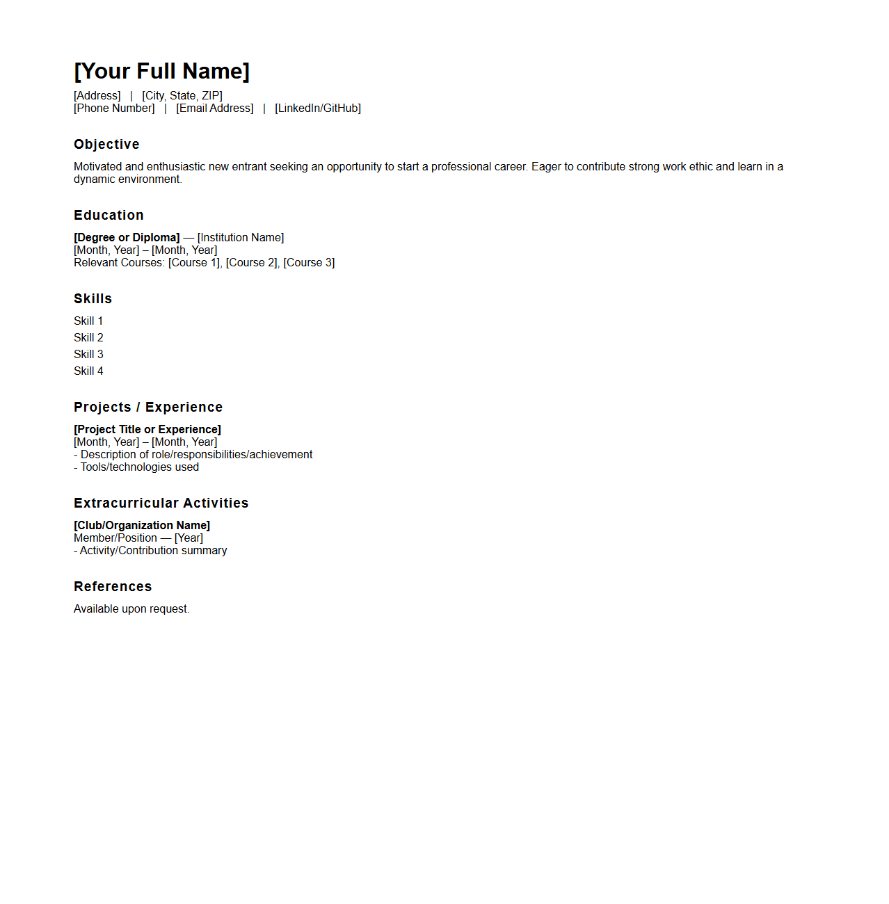 First Job Resume Structure for New Entrants