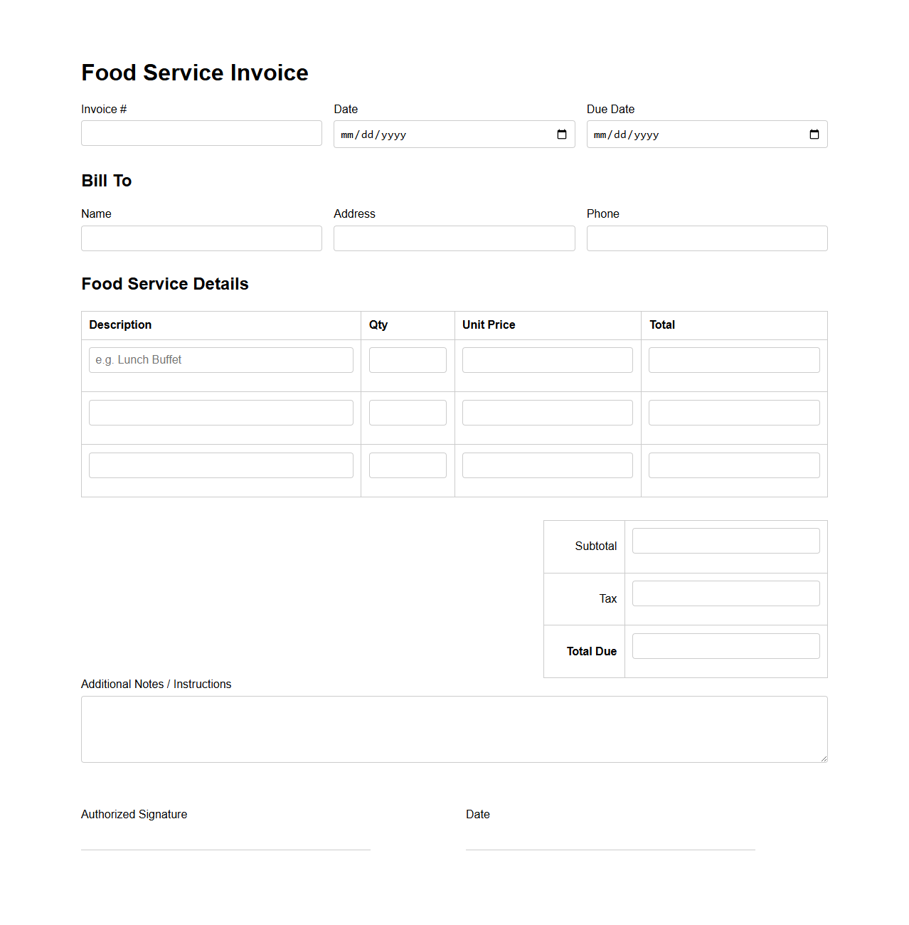 Food Service Invoice Form