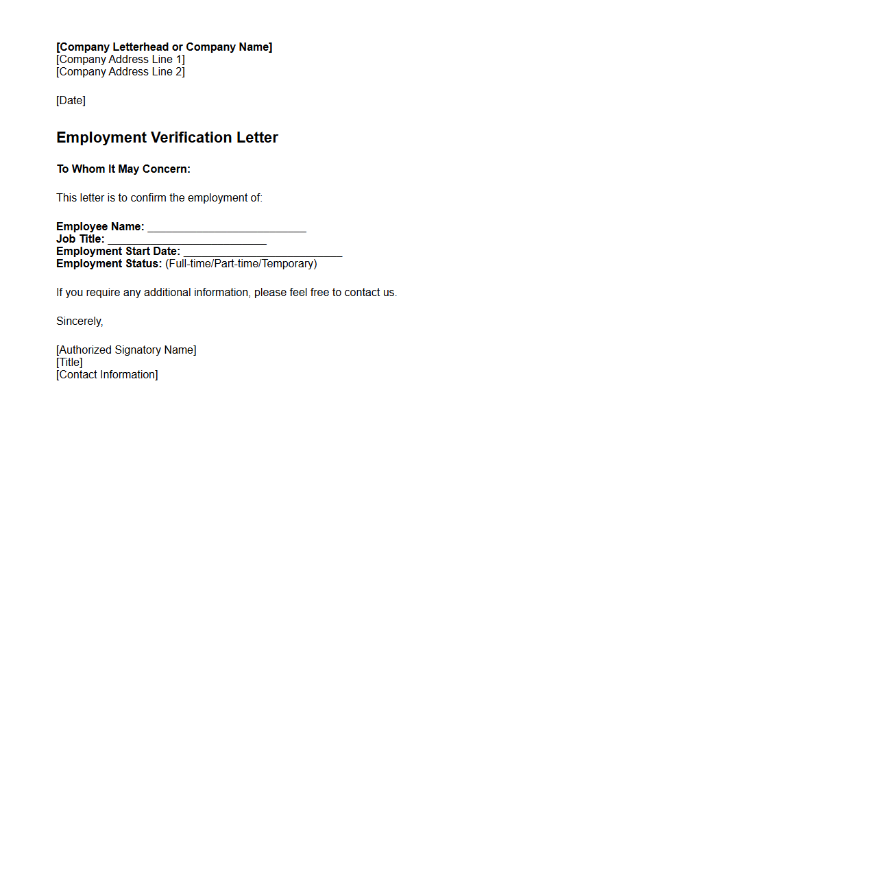 General Employment Verification Letter Outline