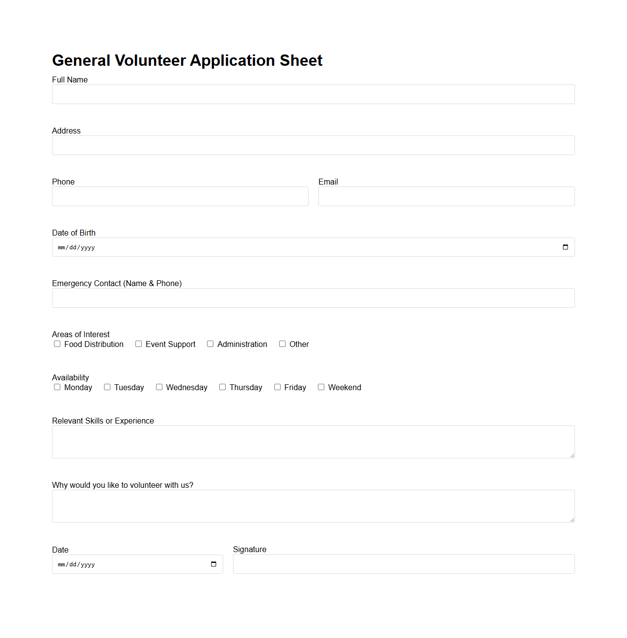 General Volunteer Application Sheet for Charitable Groups