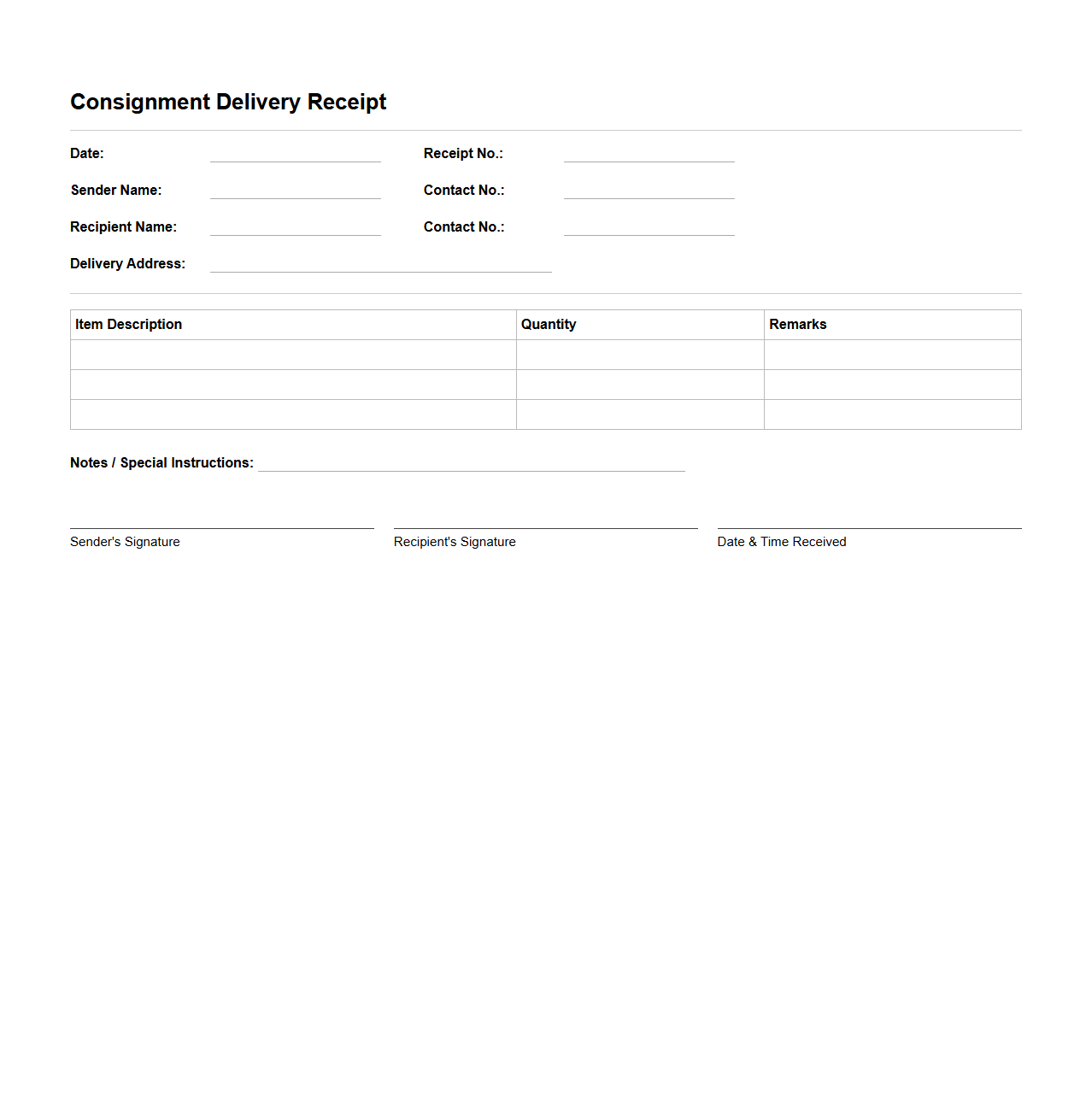 Generic Consignment Delivery Receipt Template