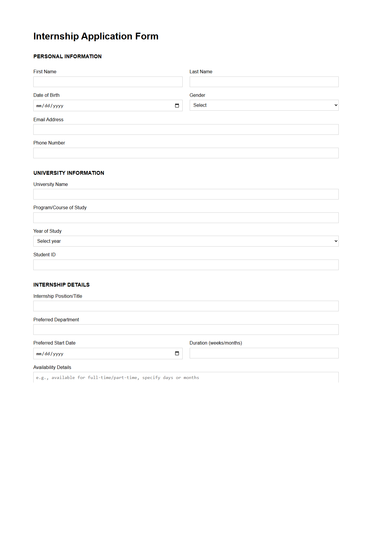 Generic Internship Application Form for University Programs