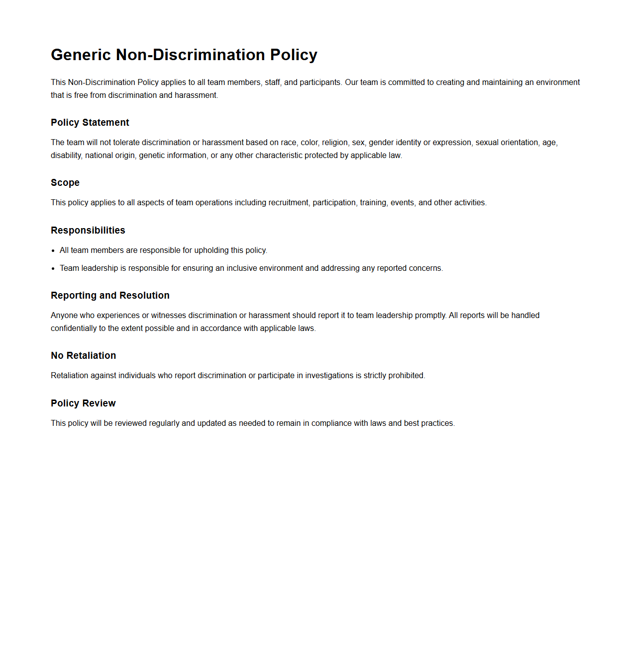 Generic Non-Discrimination Policy Example for Teams