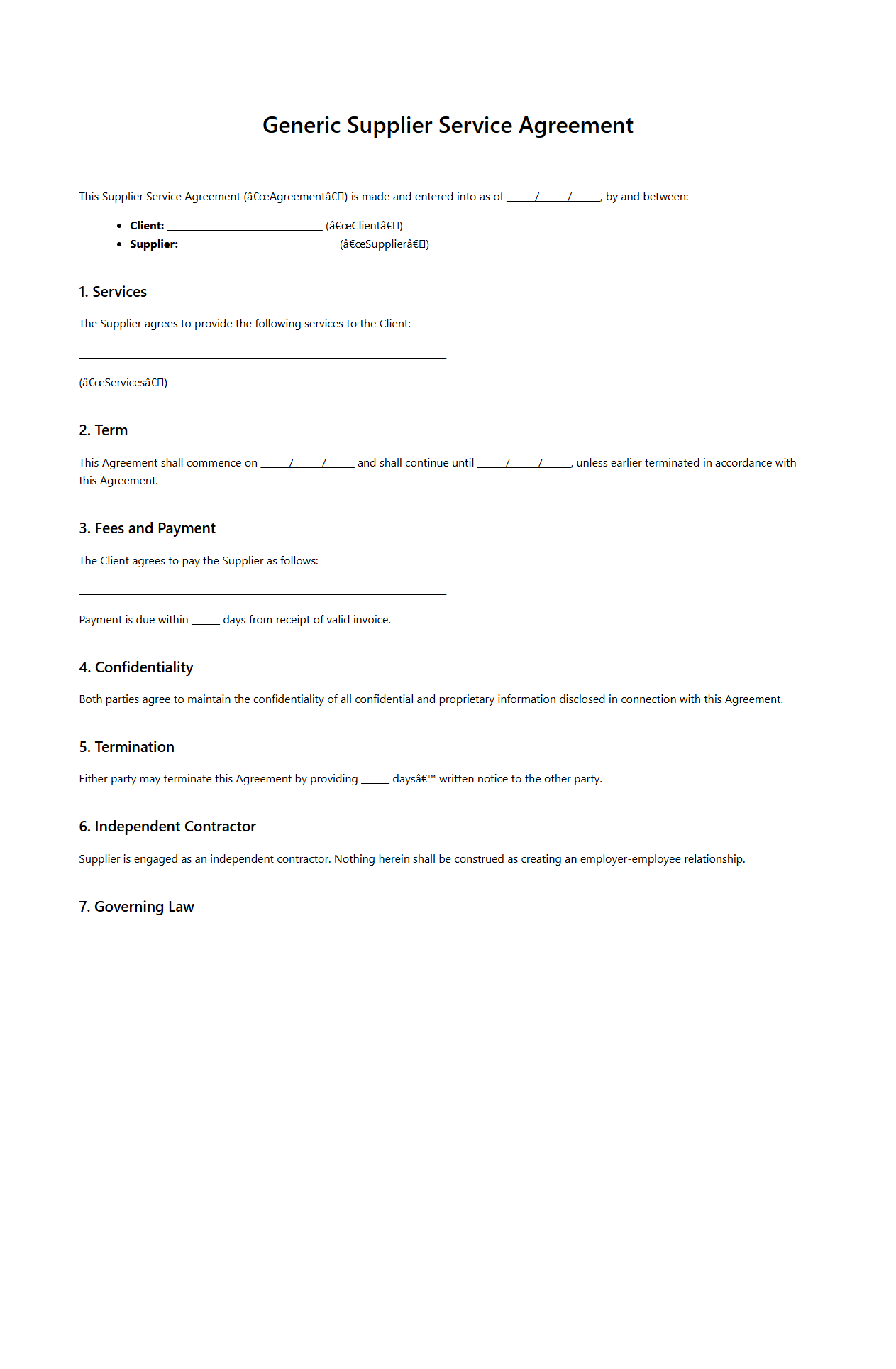 Generic Supplier Service Agreement Document