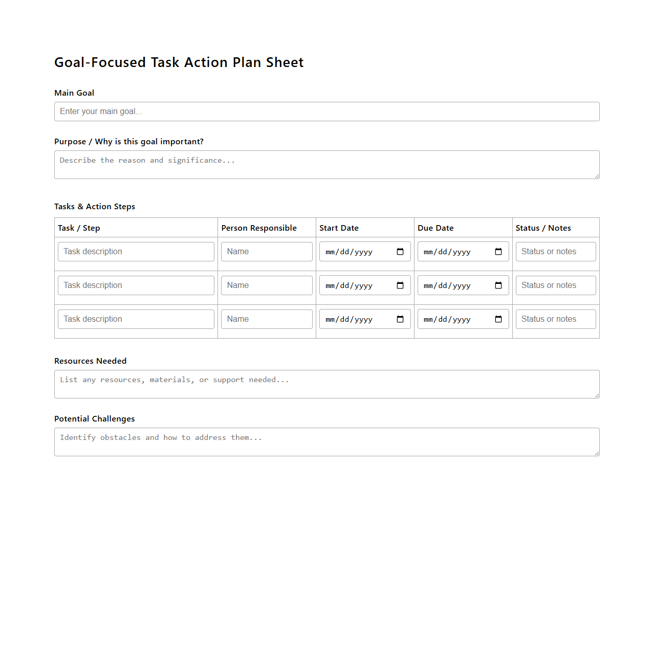 Goal-Focused Task Action Plan Sheet