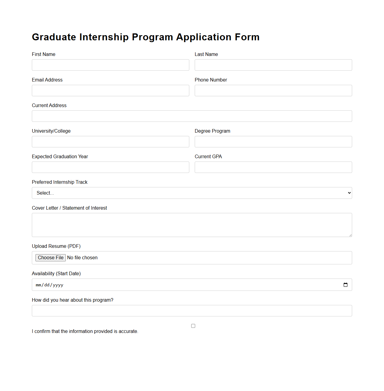 Graduate Internship Program Application Form