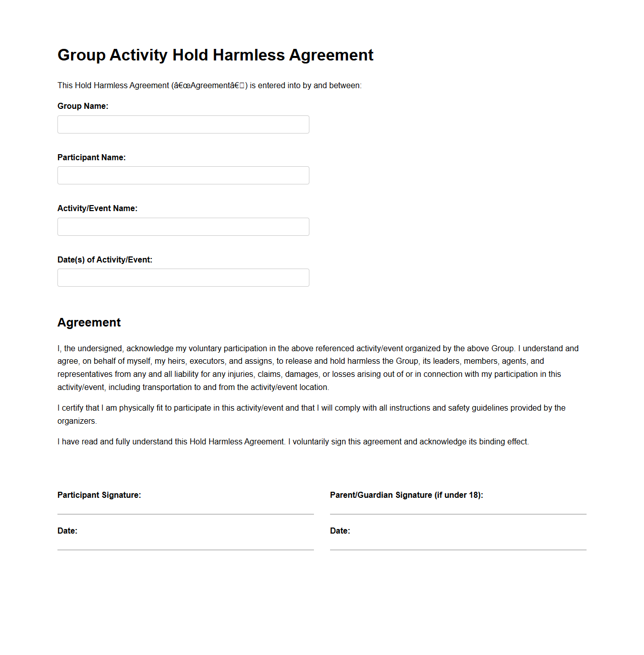 Group Activity Hold Harmless Agreement