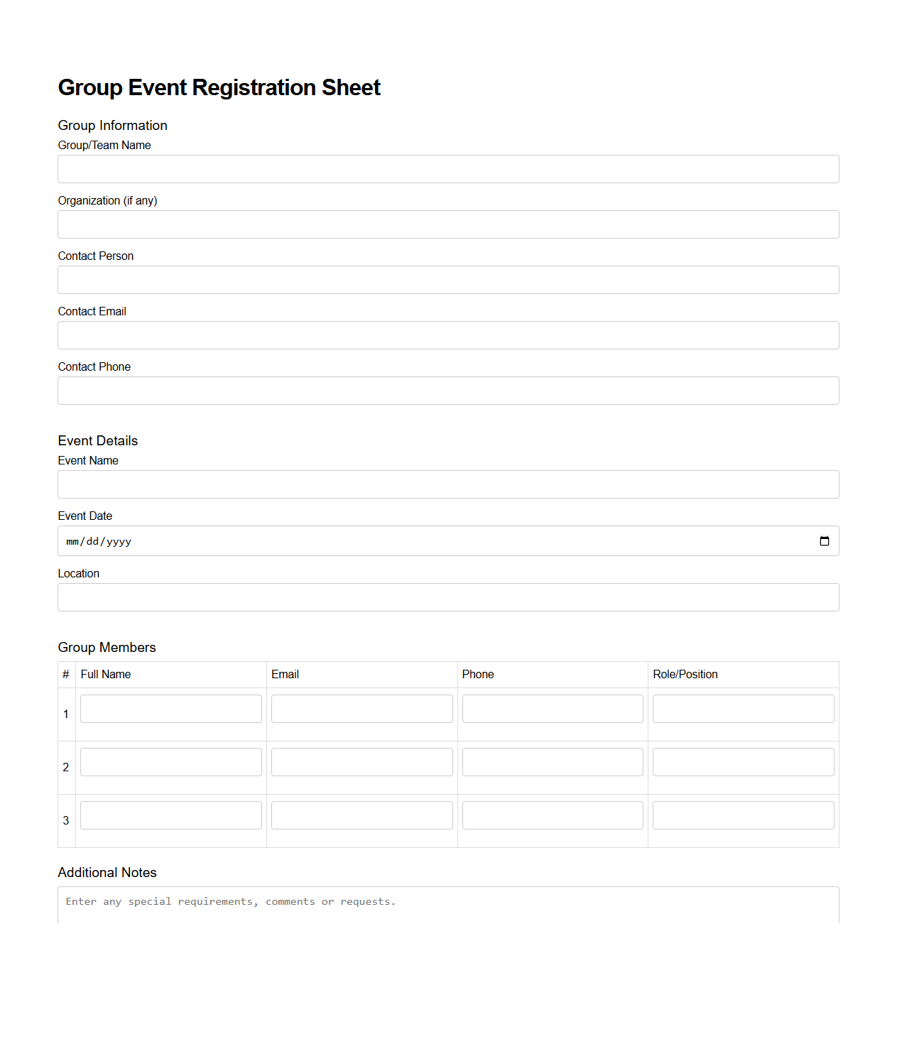 Group Event Registration Sheet Design