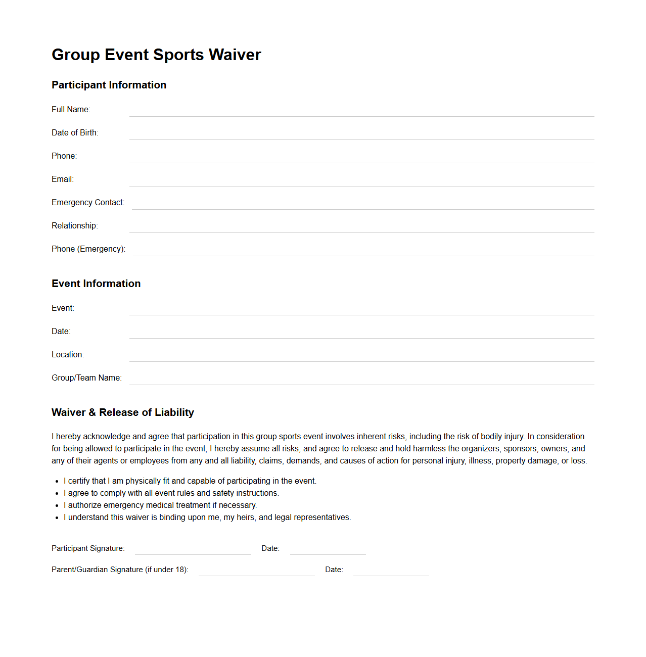 Group Event Sports Waiver Template