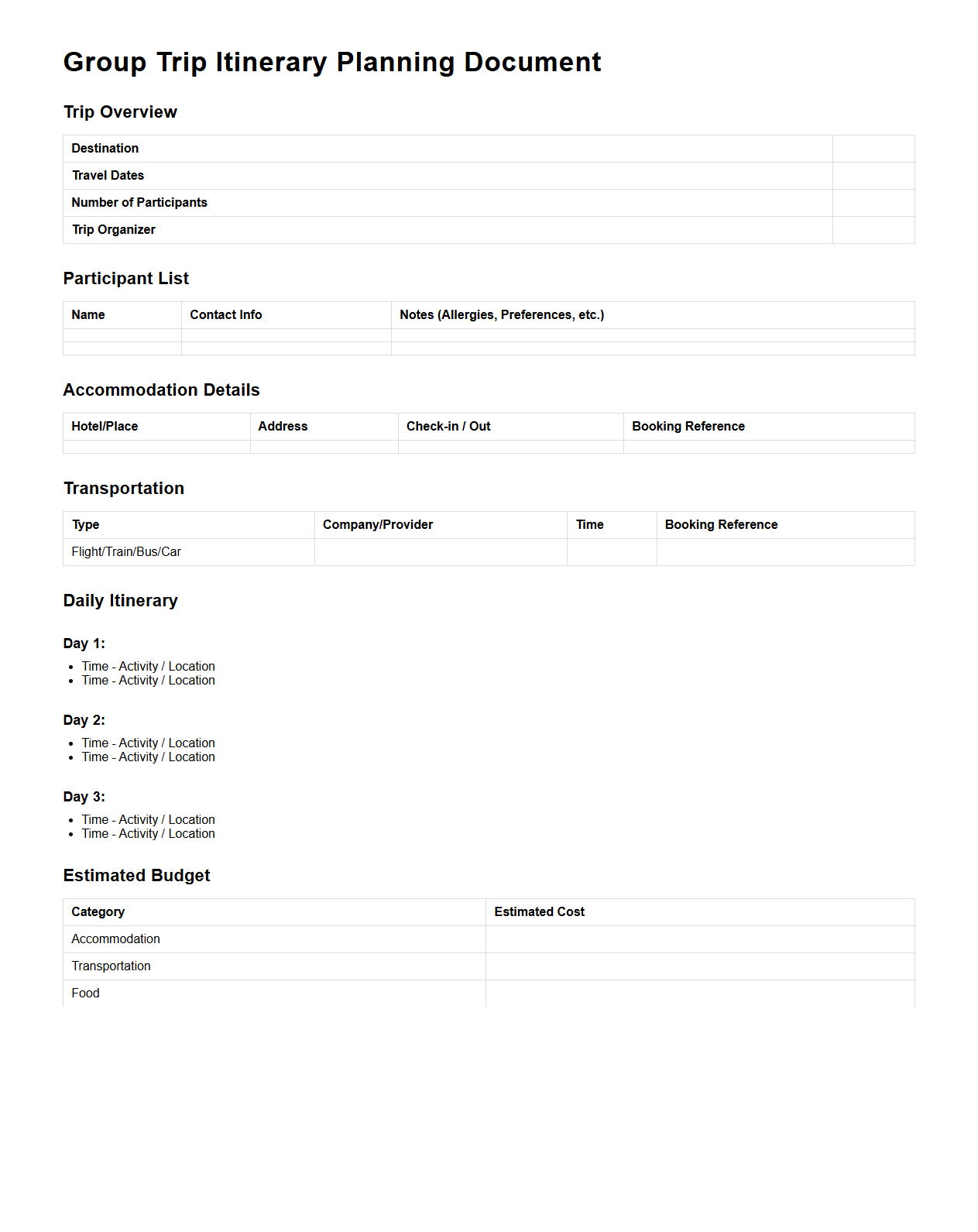Group Trip Itinerary Planning Document