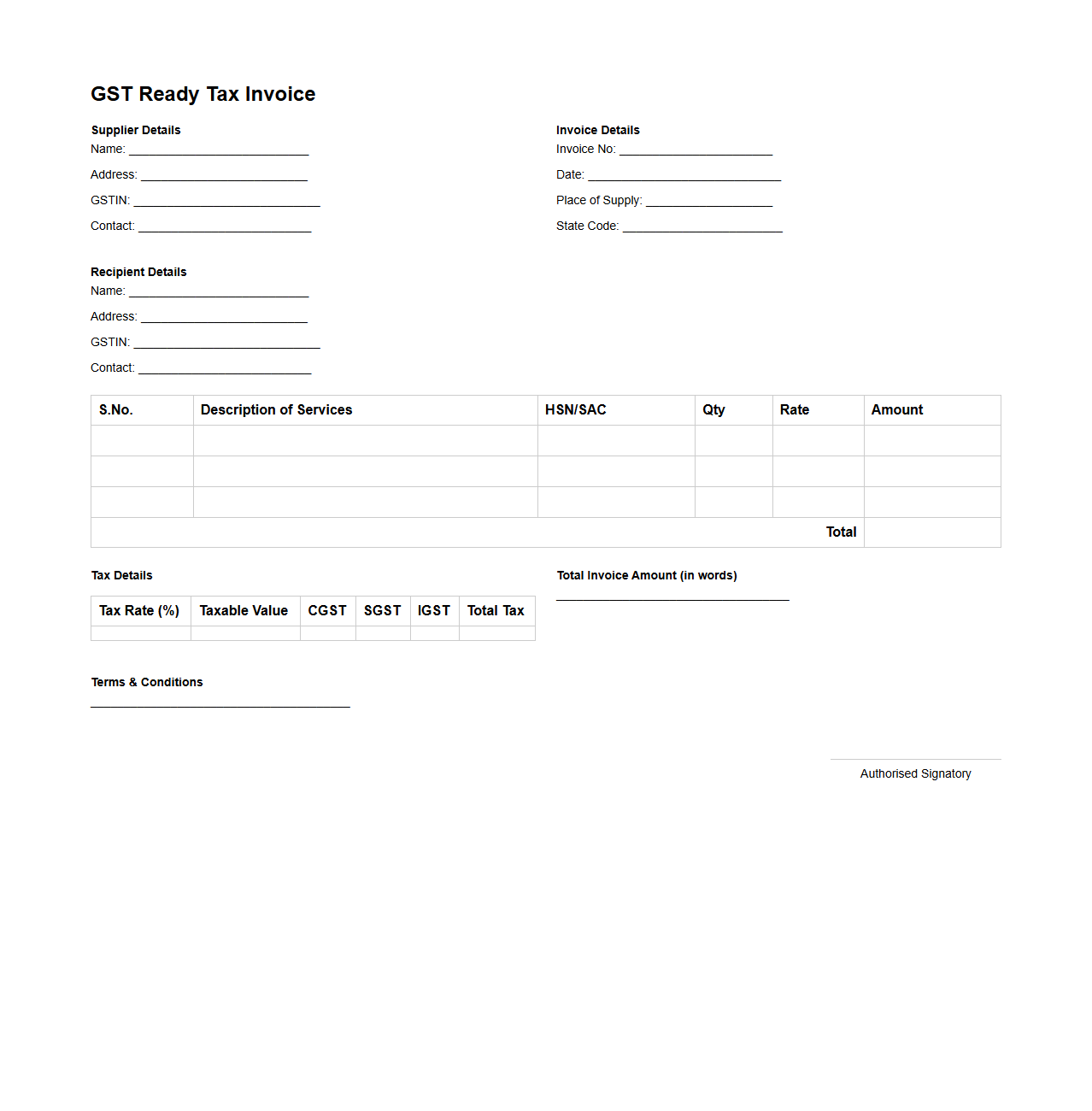 GST Ready Blank Tax Invoice Template for Services