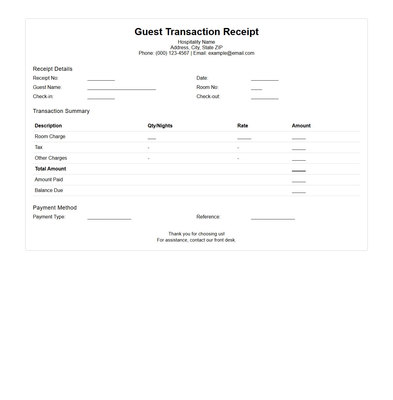 Guest Transaction Receipt Template for Hospitality