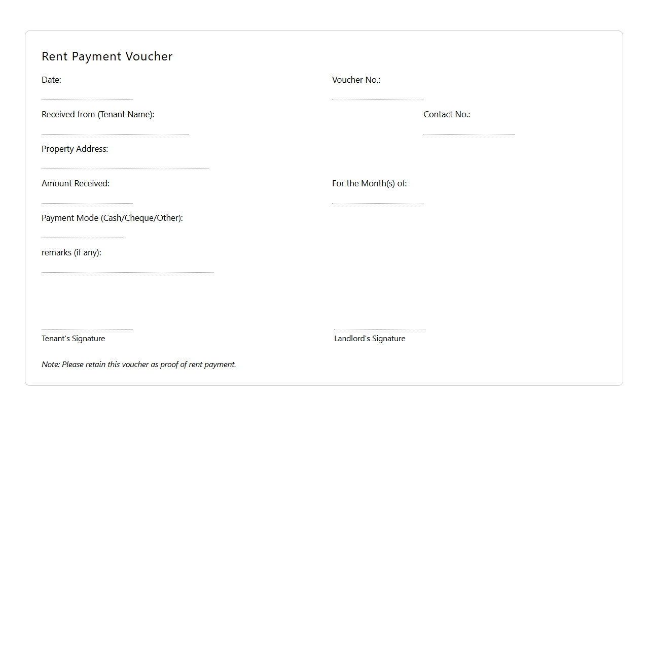 Handwritten Rent Payment Voucher Sample