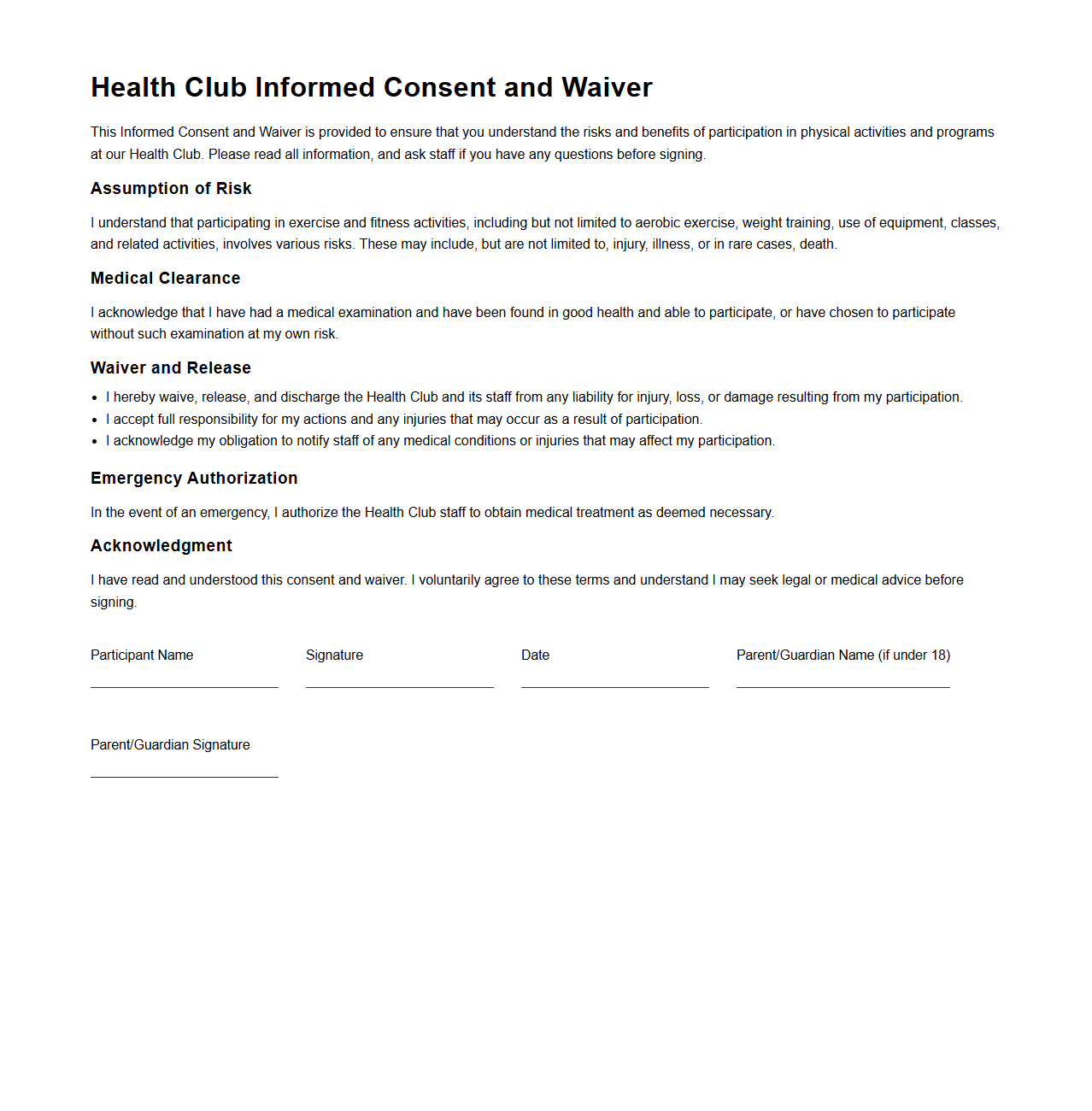 Health Club Informed Consent and Waiver Template