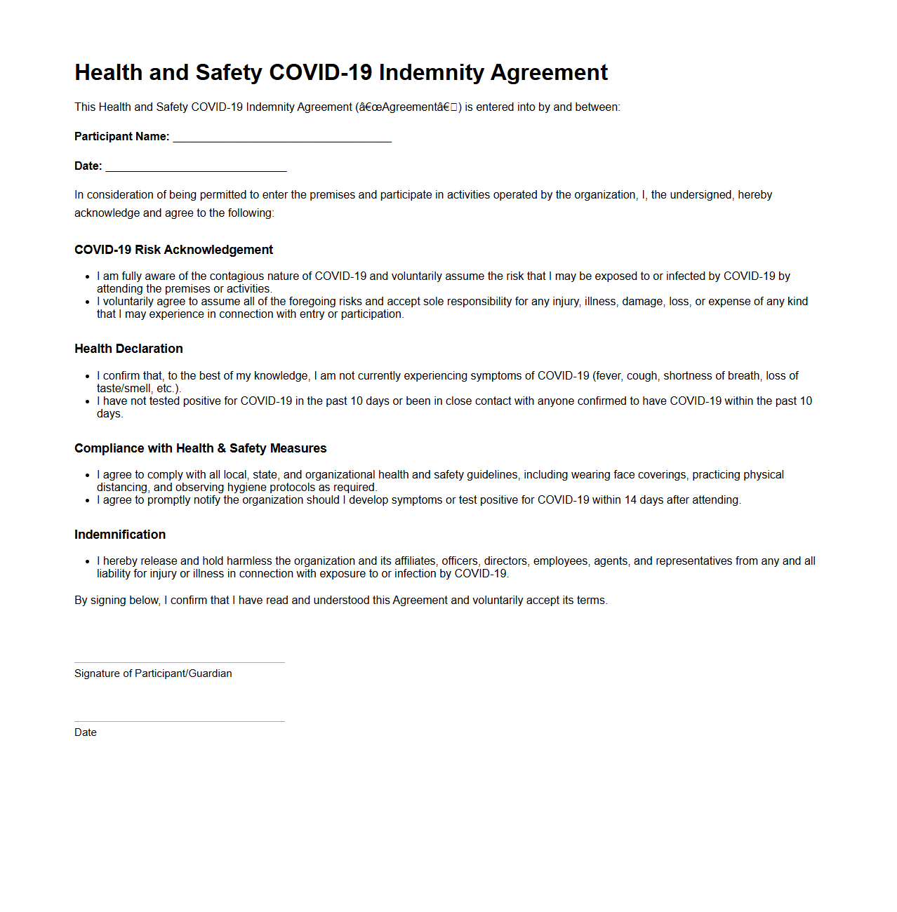 Health and Safety COVID-19 Indemnity Agreement