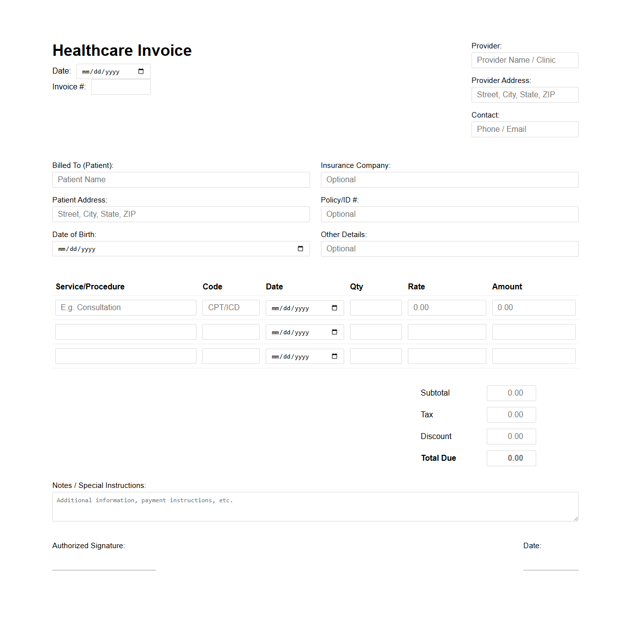 Healthcare Service Invoice Blank Template
