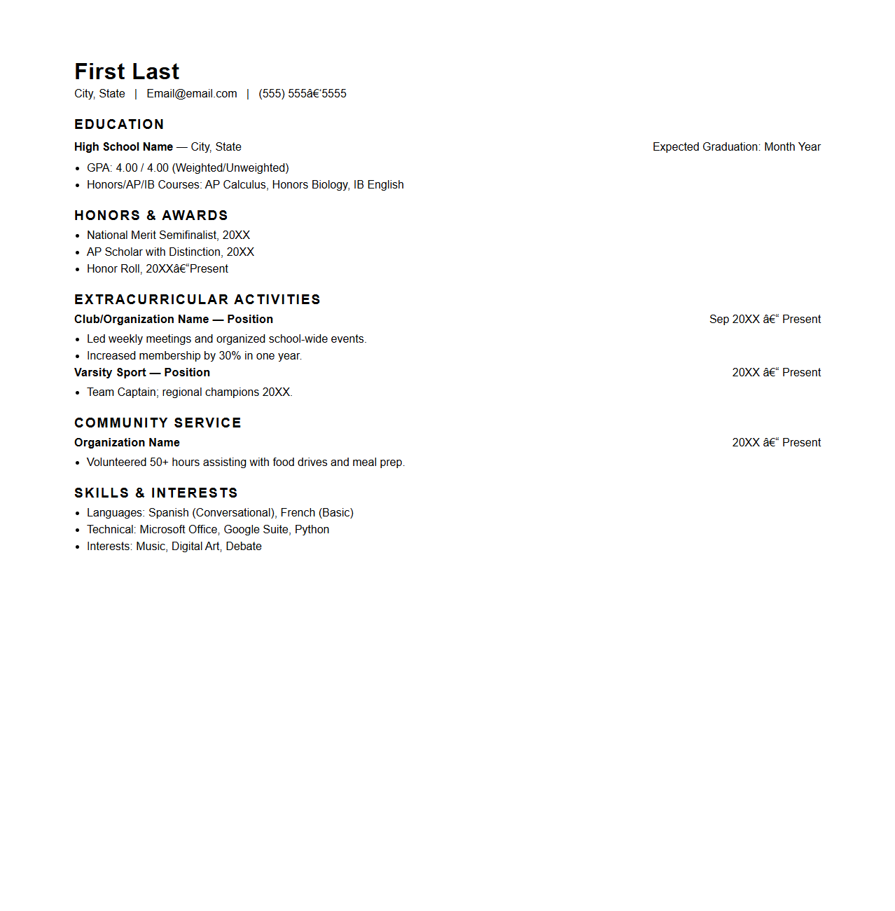 High School Honors Resume Template for College Prospects