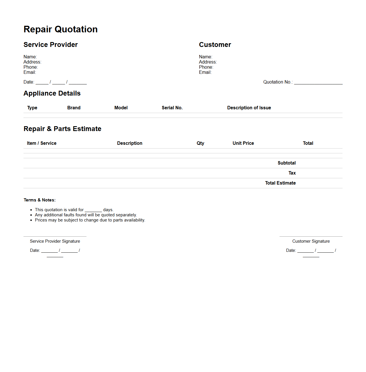 Home Appliance Electronics Repair Quotation