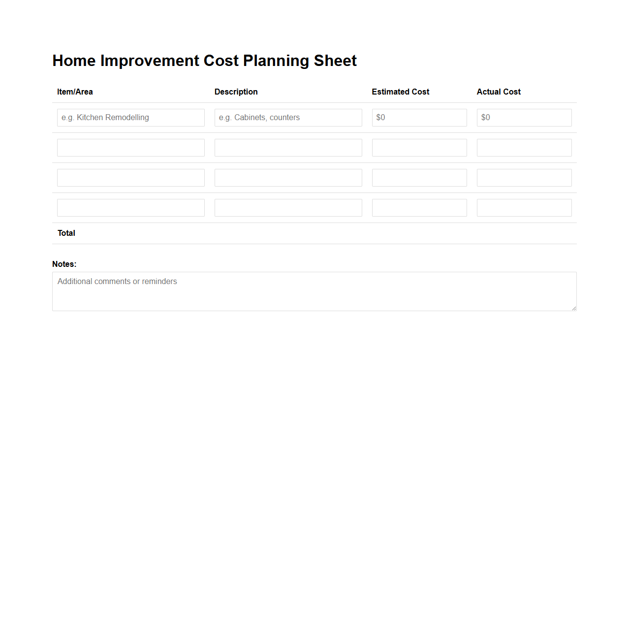 Home Improvement Cost Planning Sheet