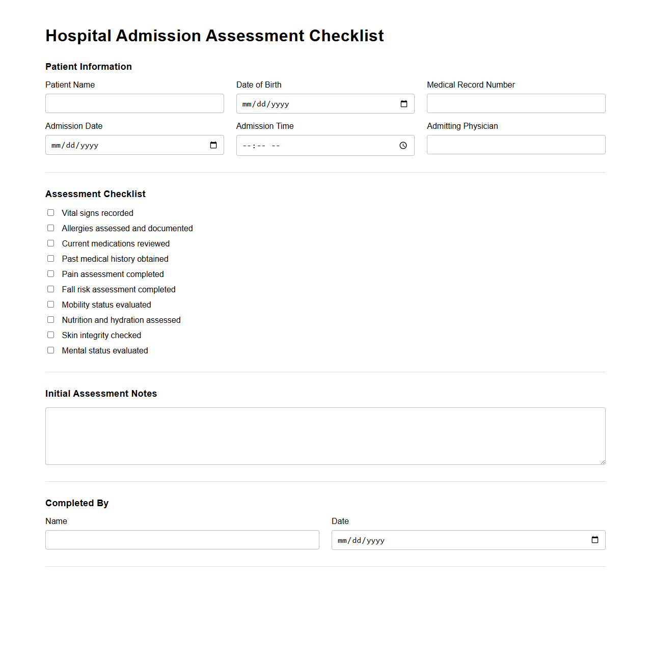Hospital Admission Assessment Checklist Template