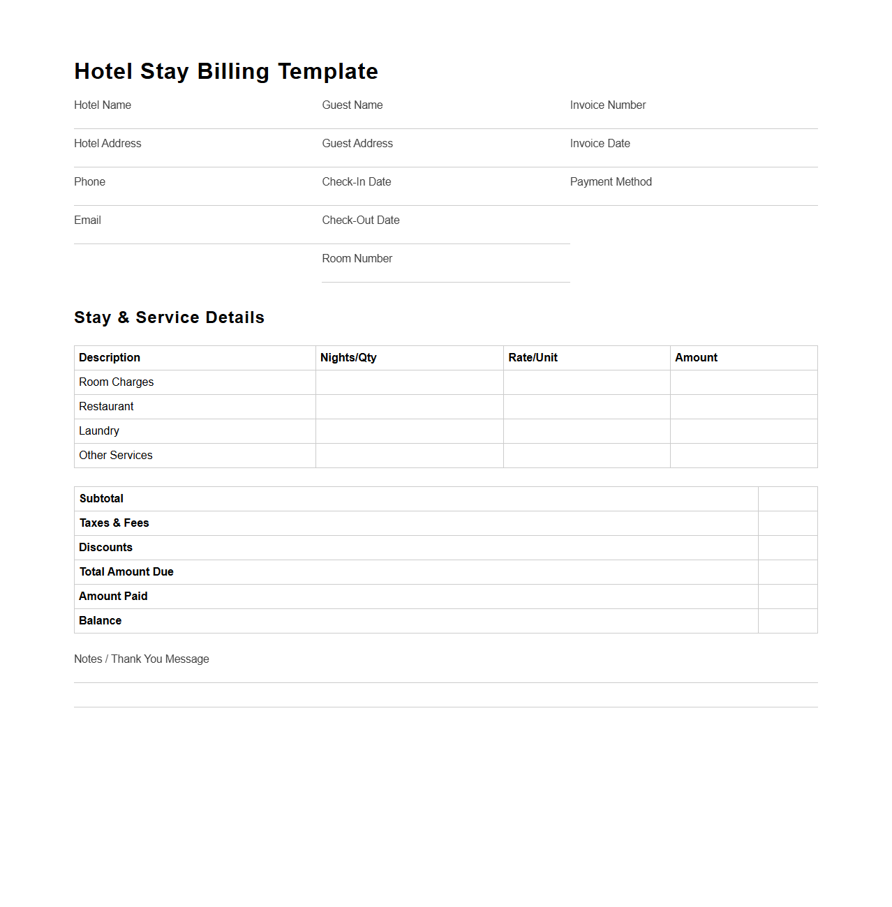 Hospitality Industry Billing Template for Hotel Stays