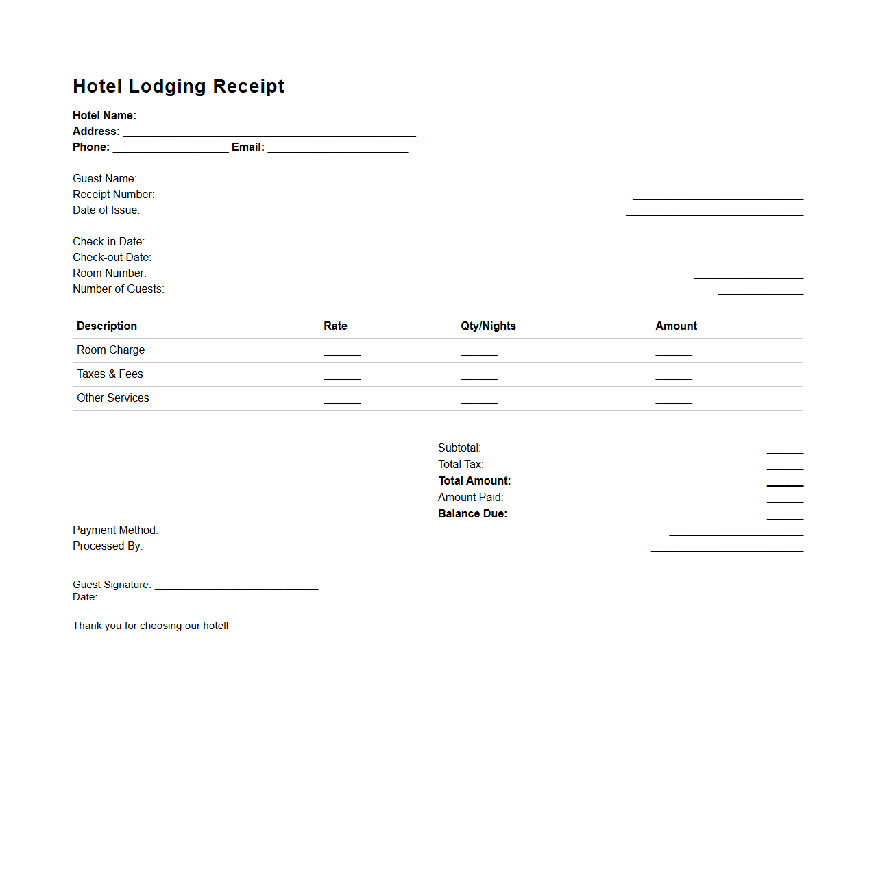 Hotel Lodging Receipt Template for Stays