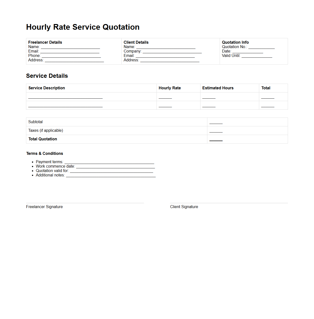 Hourly Rate Service Quotation Format for Freelancers