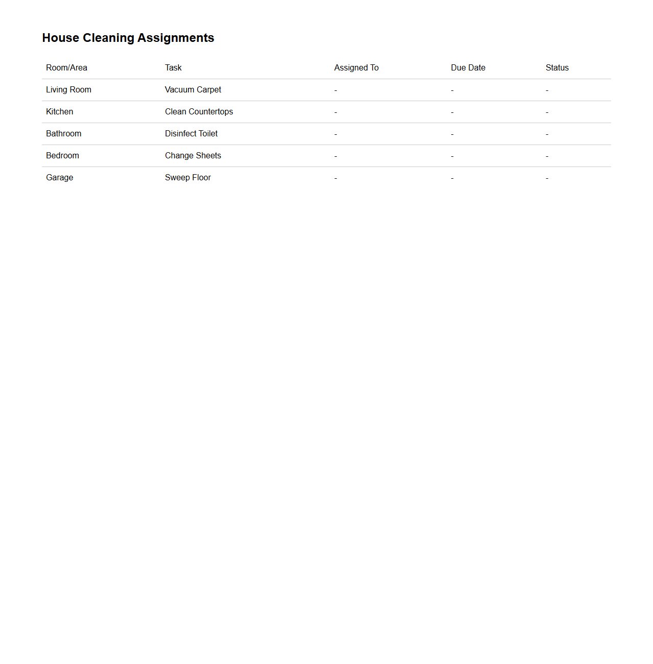 House Cleaning Assignments Table