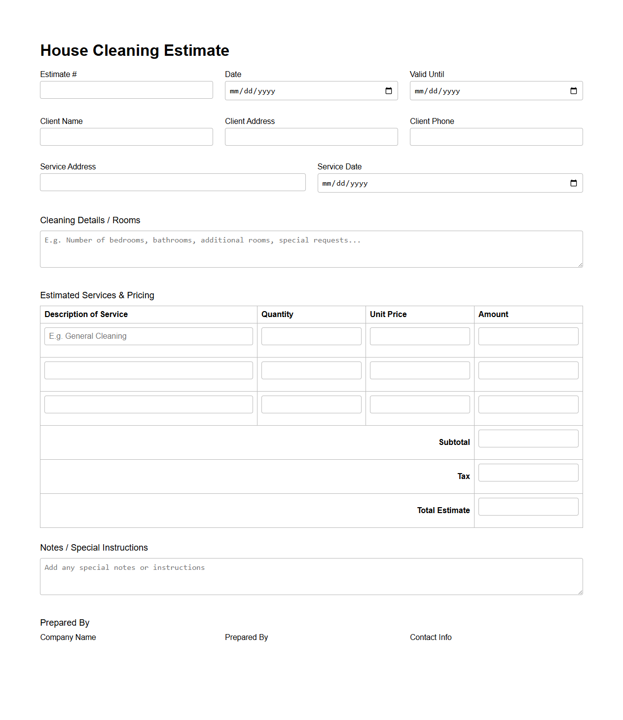 House Cleaning Estimate Blank Template