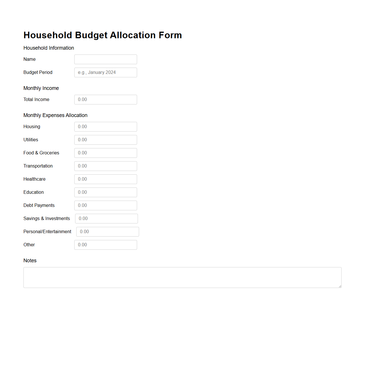 Household Budget Allocation Form
