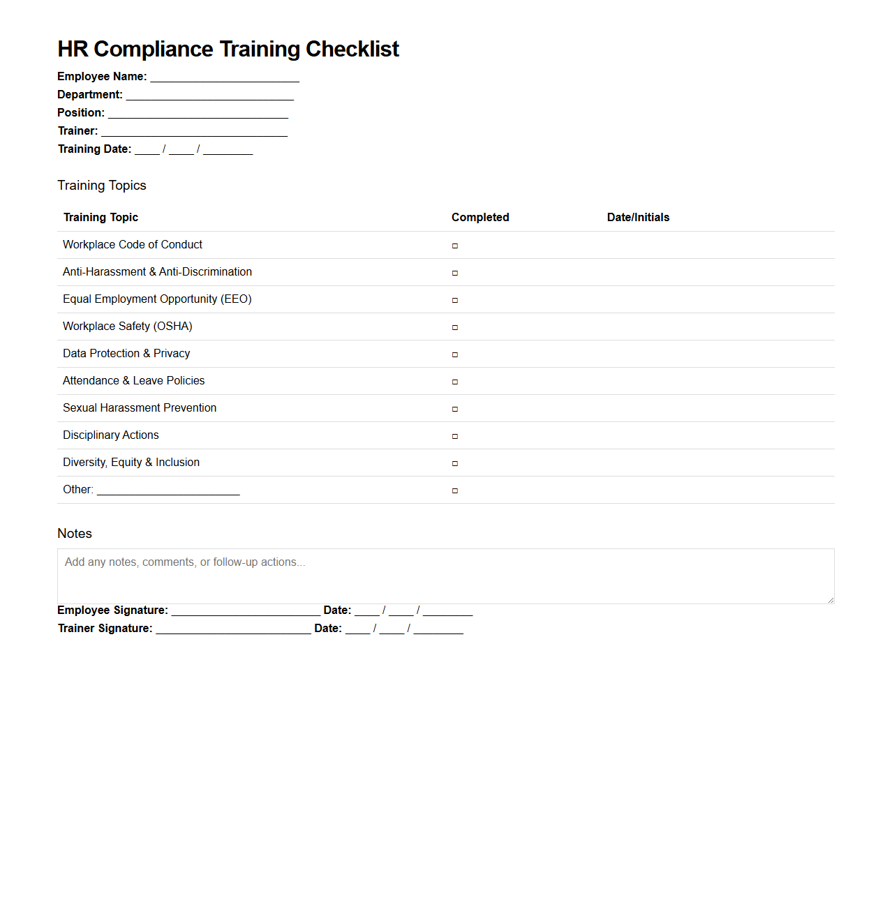 HR Compliance Training Checklist Template