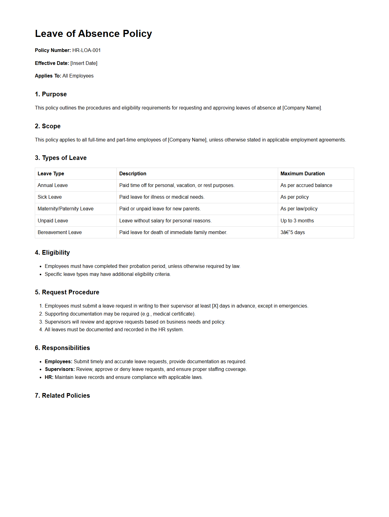 HR Leave of Absence Policy Model