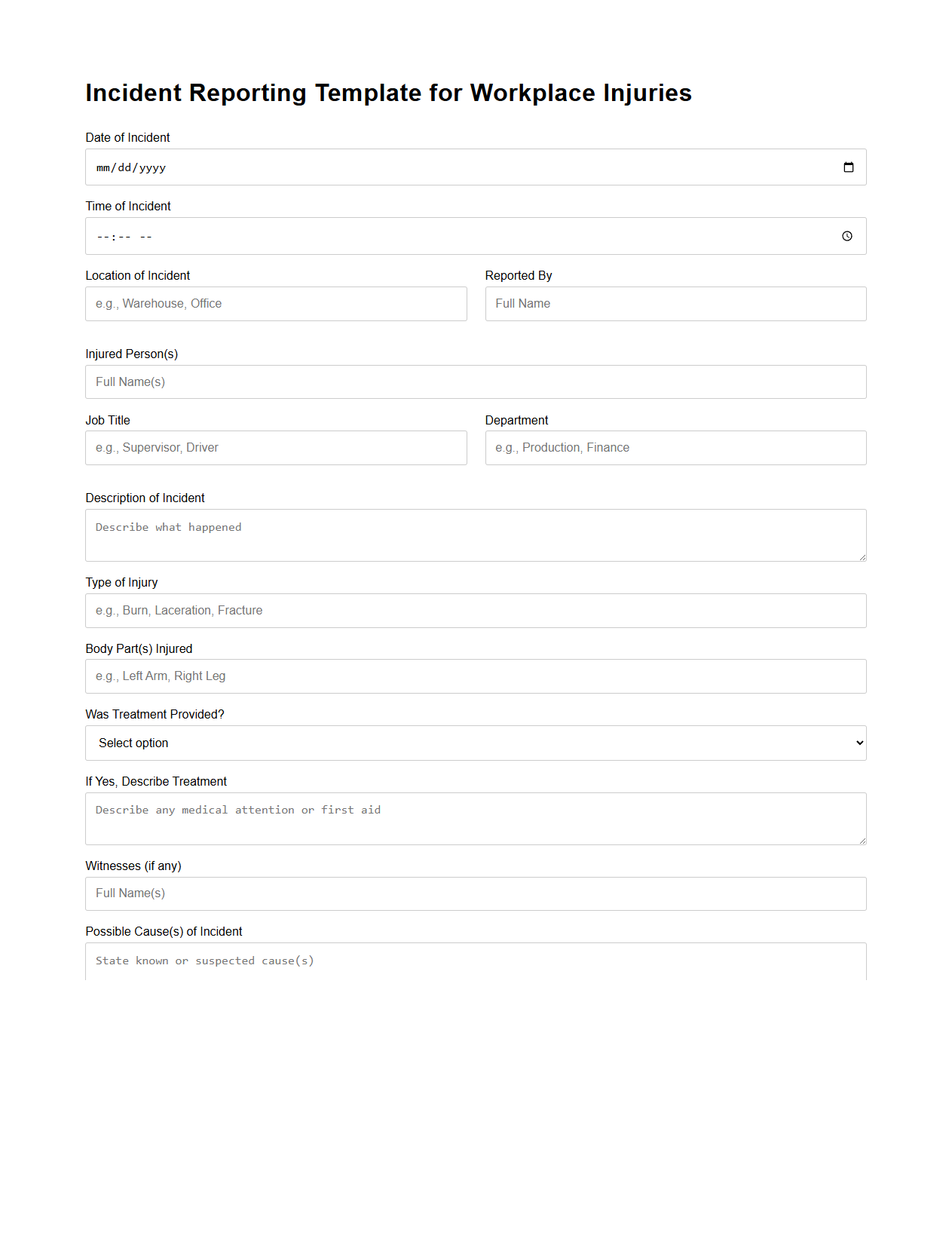 Incident Reporting Template for Workplace Injuries