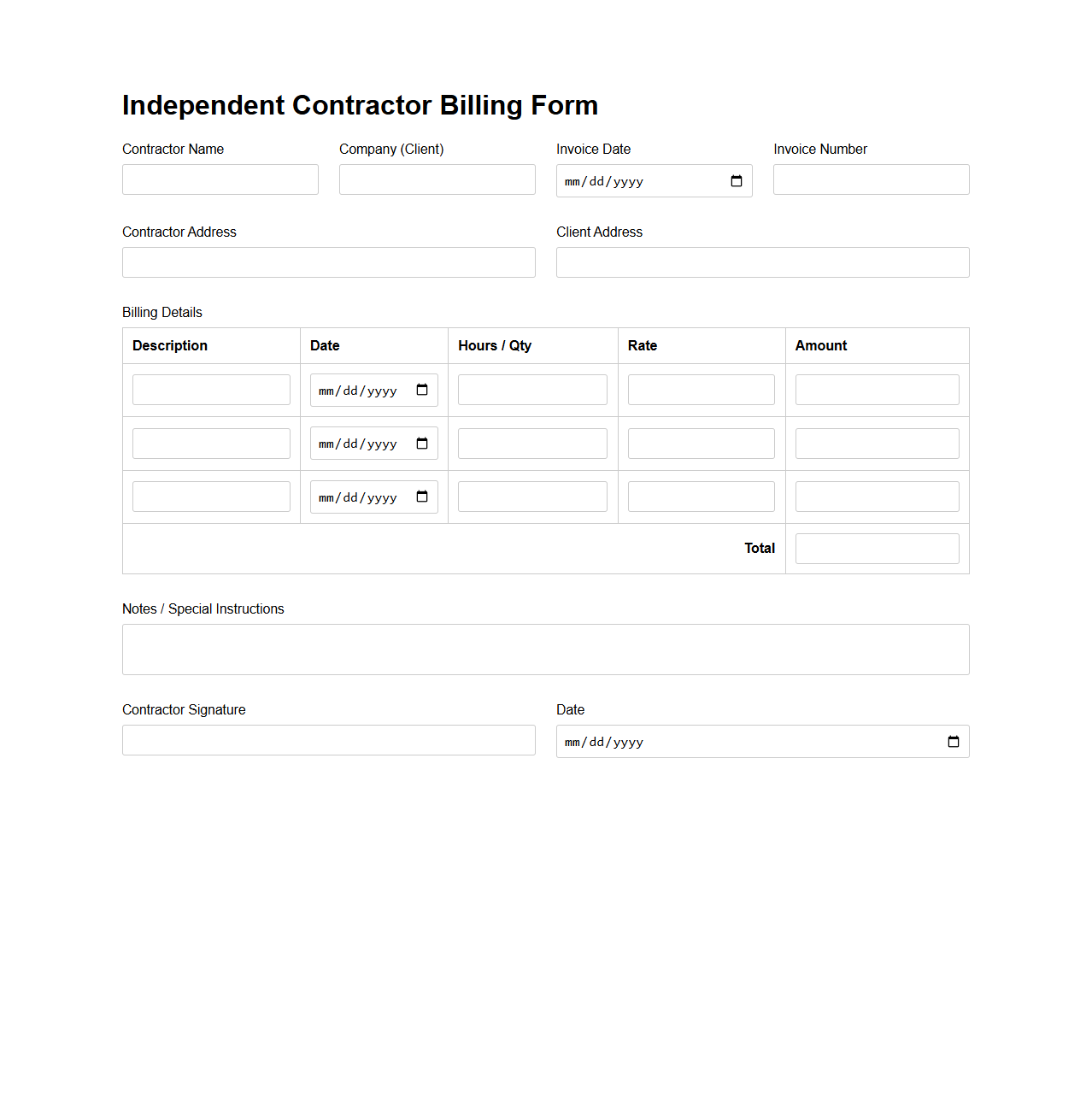Independent Contractor Billing Form