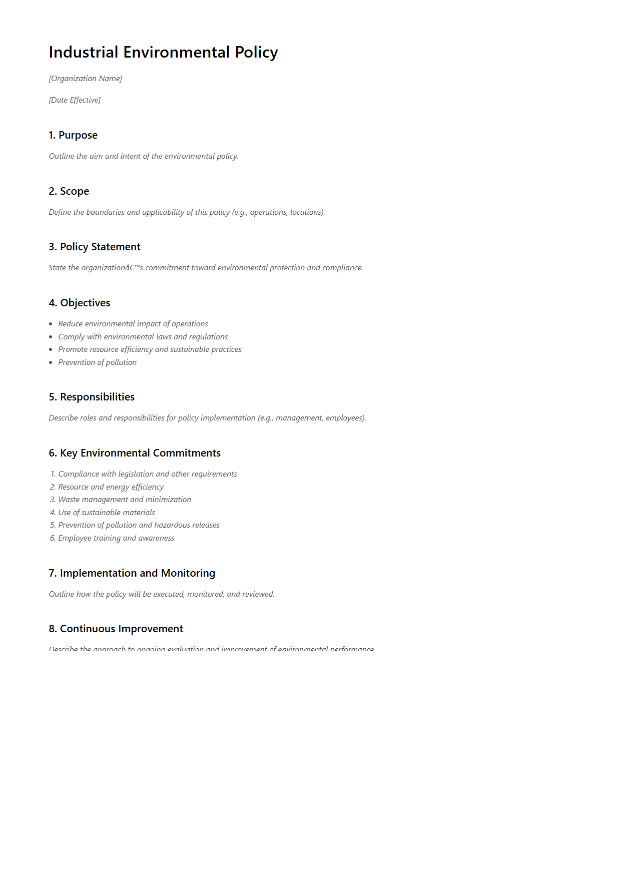 Industrial Environmental Policy Structure Template