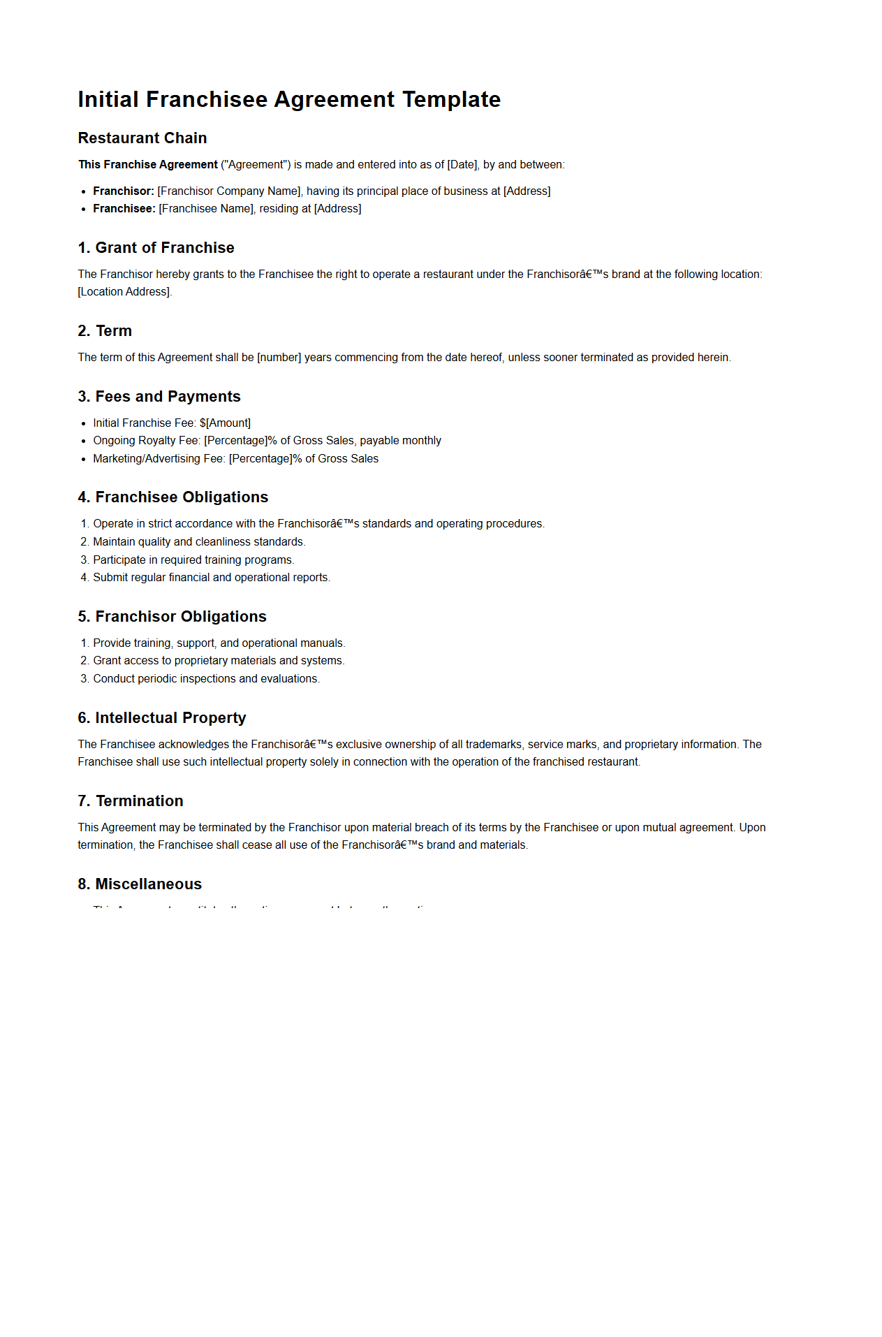 Initial Franchisee Agreement Template for Restaurant Chains