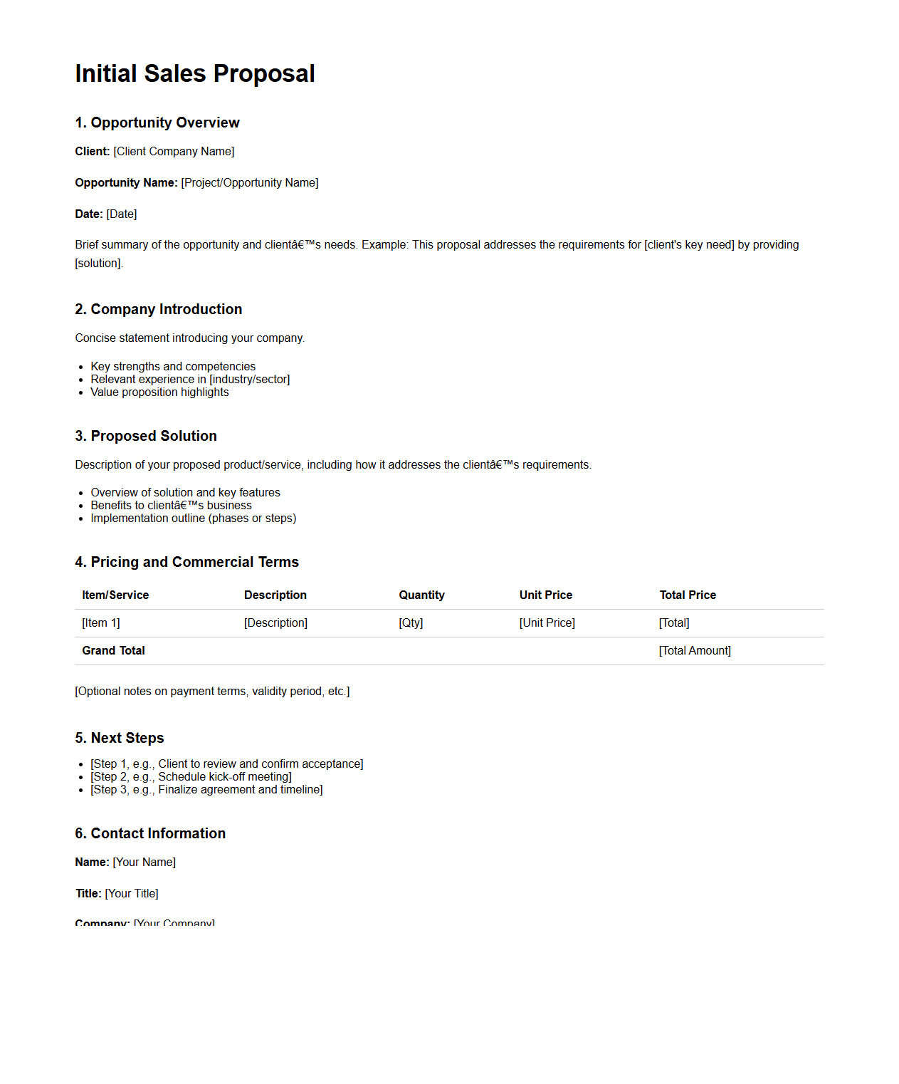 Initial Sales Proposal Layout for B2B Opportunities