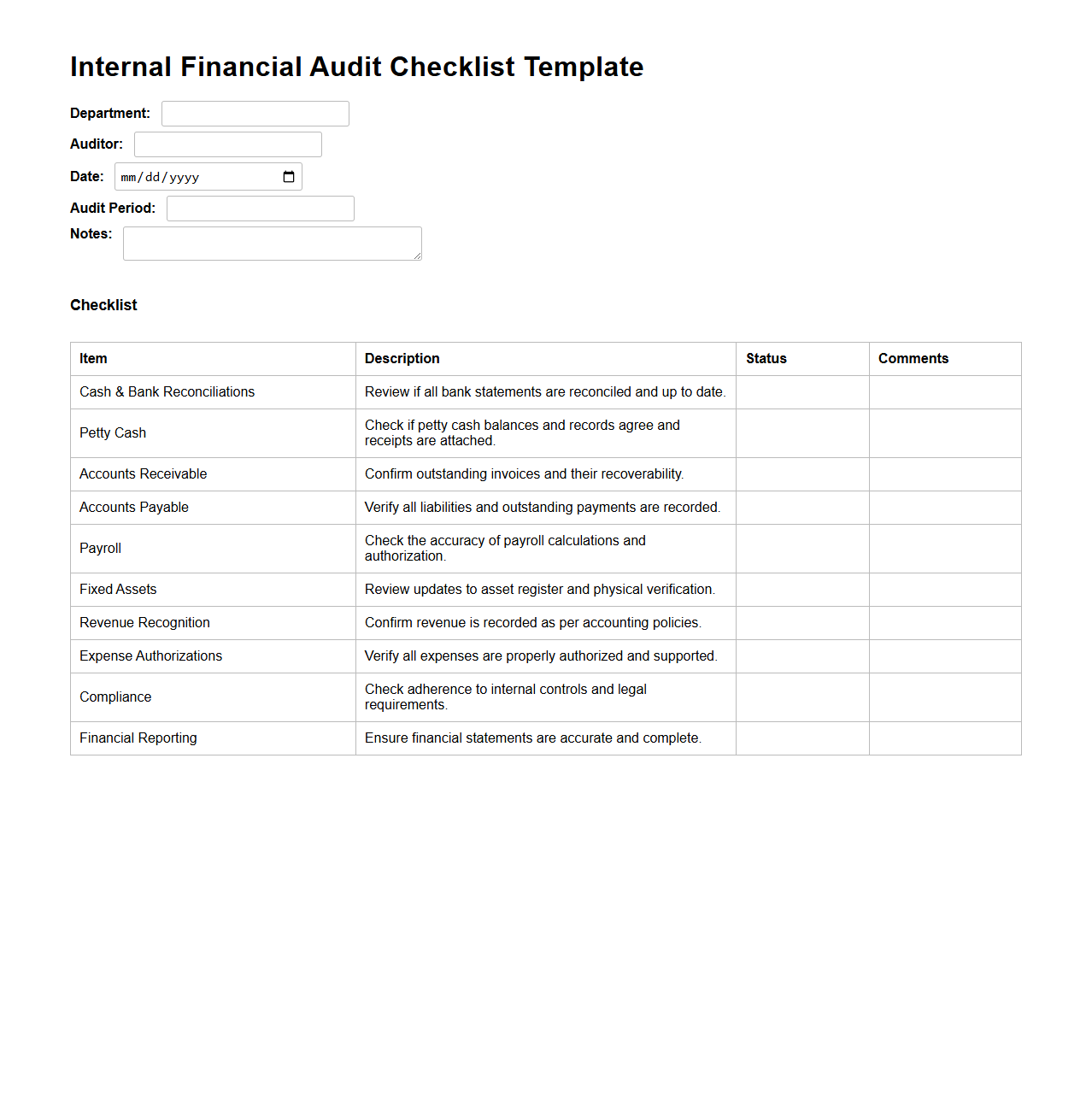Internal Financial Audit Checklist Template