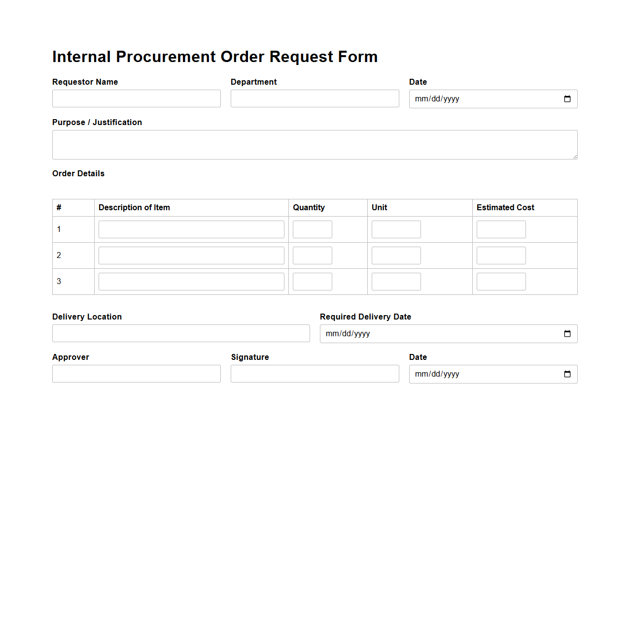 Internal Procurement Order Request Form
