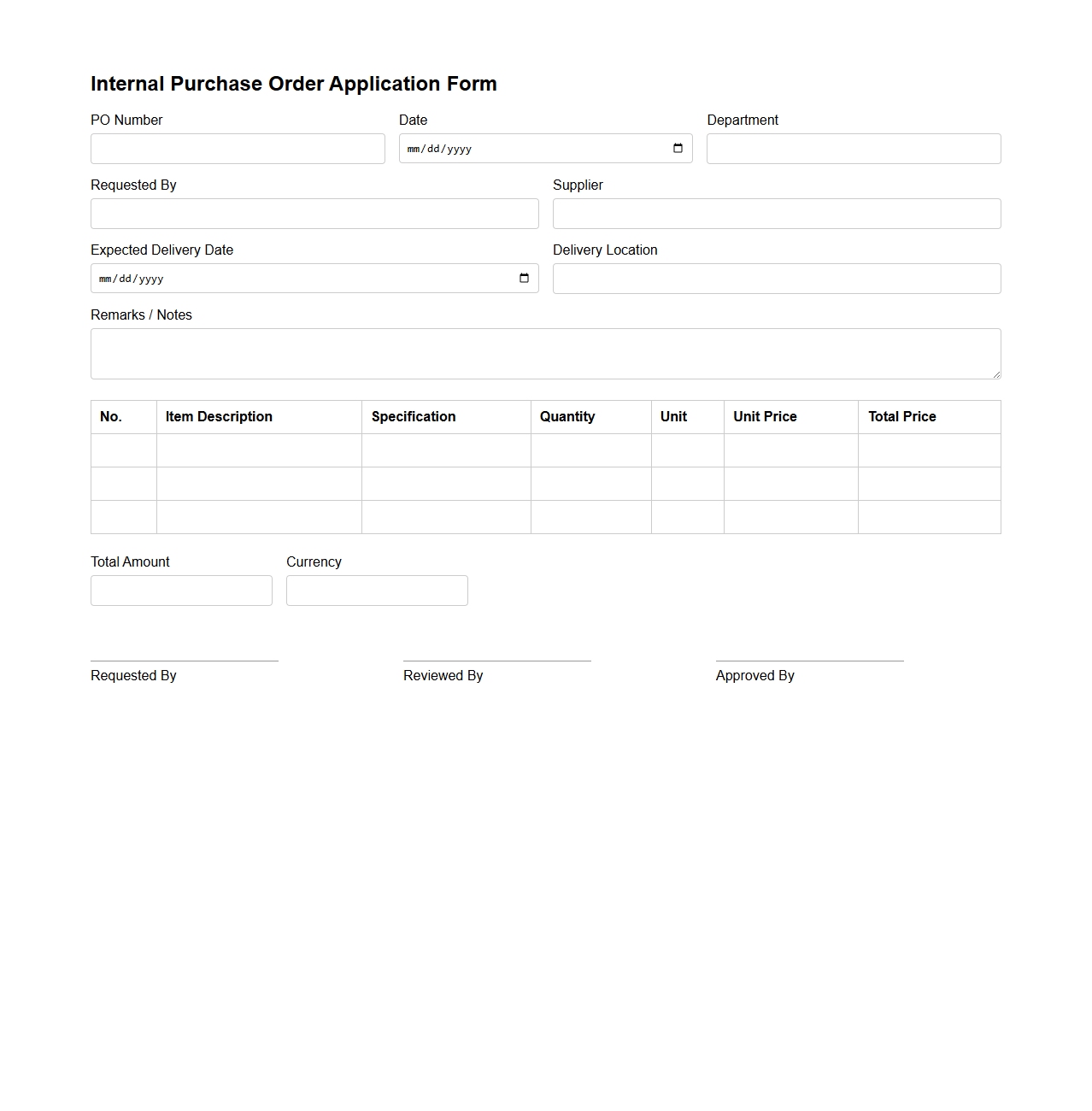 Internal Purchase Order Application Form