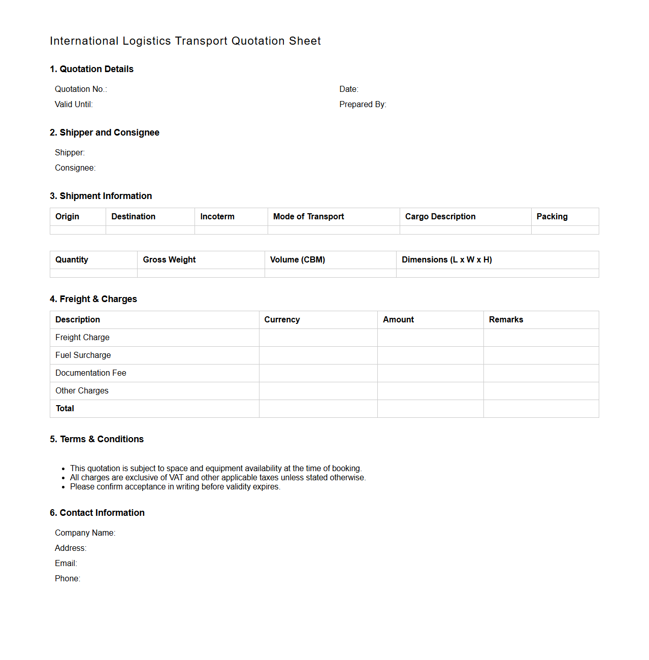International Logistics Transport Quotation Sheet