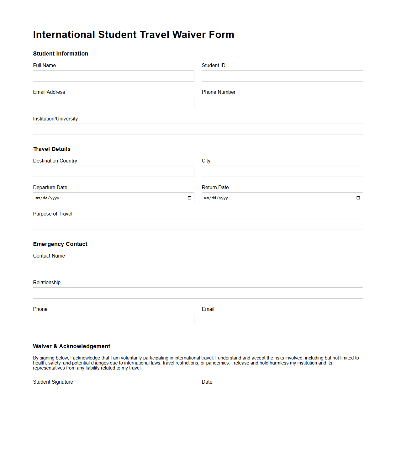 International Student Travel Waiver Form Template