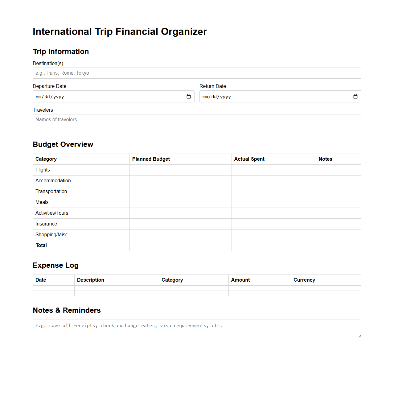 International Trip Financial Organizer Template
