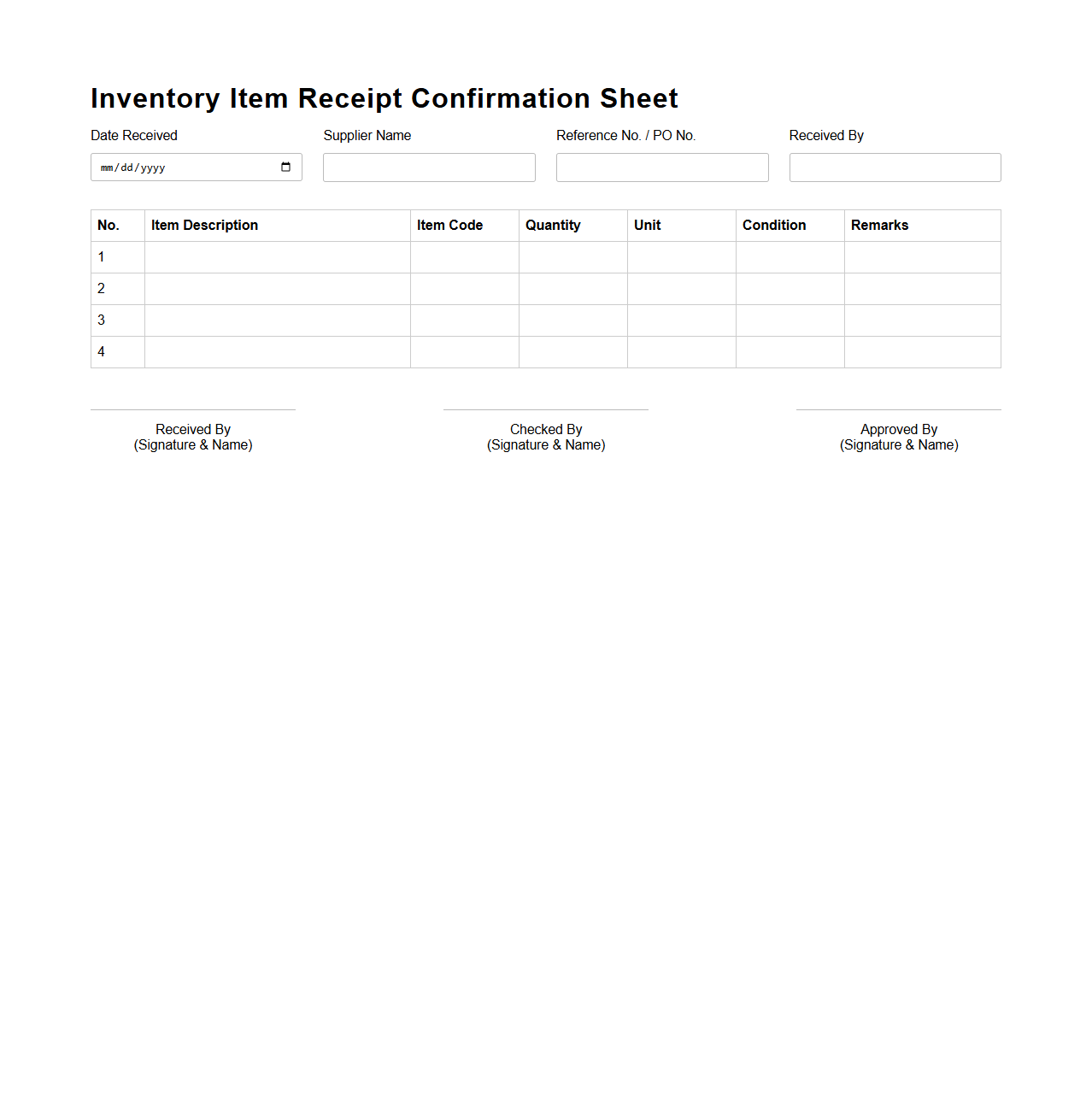 Inventory Item Receipt Confirmation Sheet