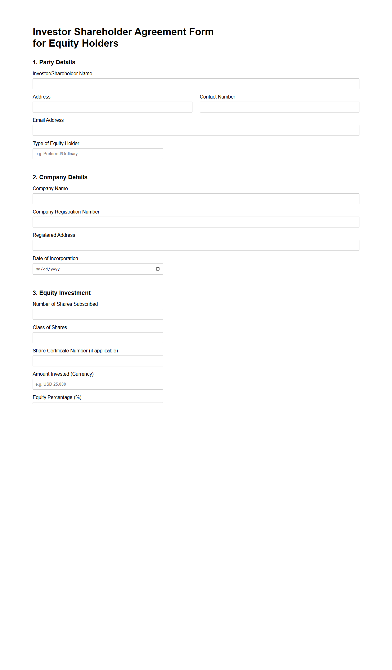 Investor Shareholder Agreement Form for Equity Holders