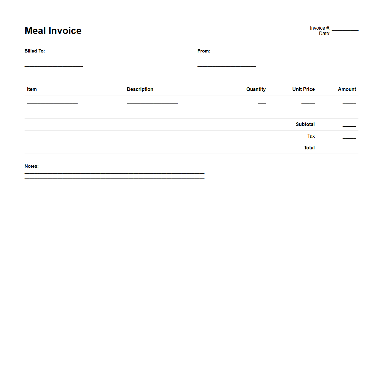 Itemized Meal Invoice Layout