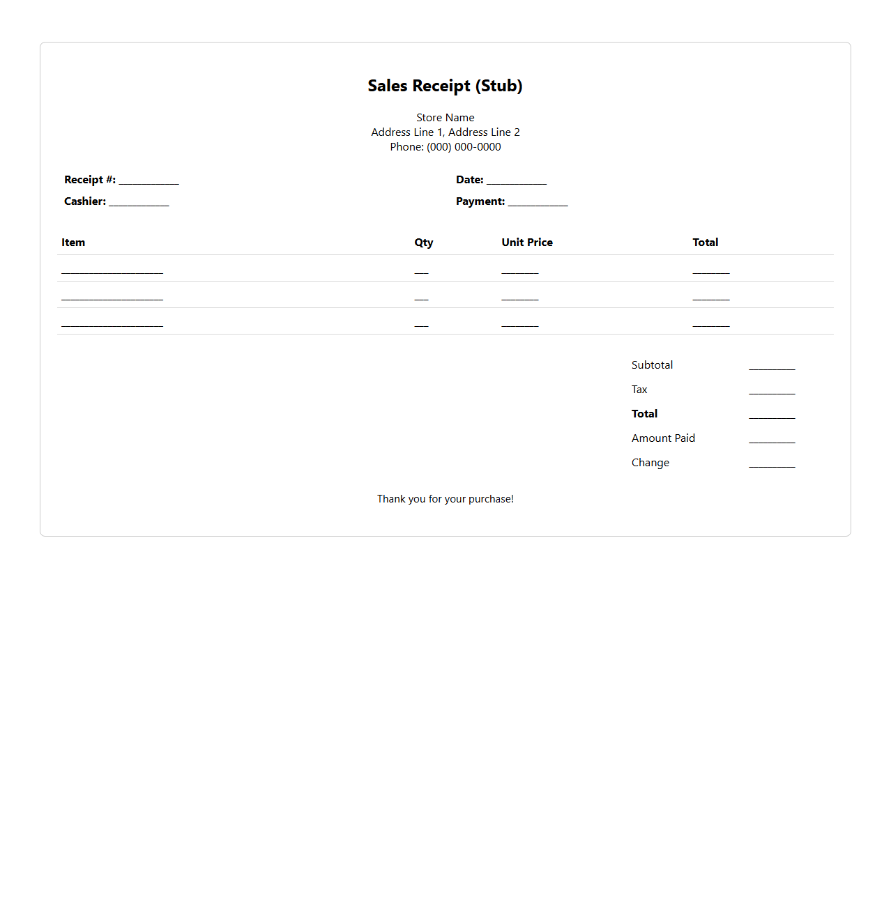 Itemized Sales Receipt Stub for Purchases