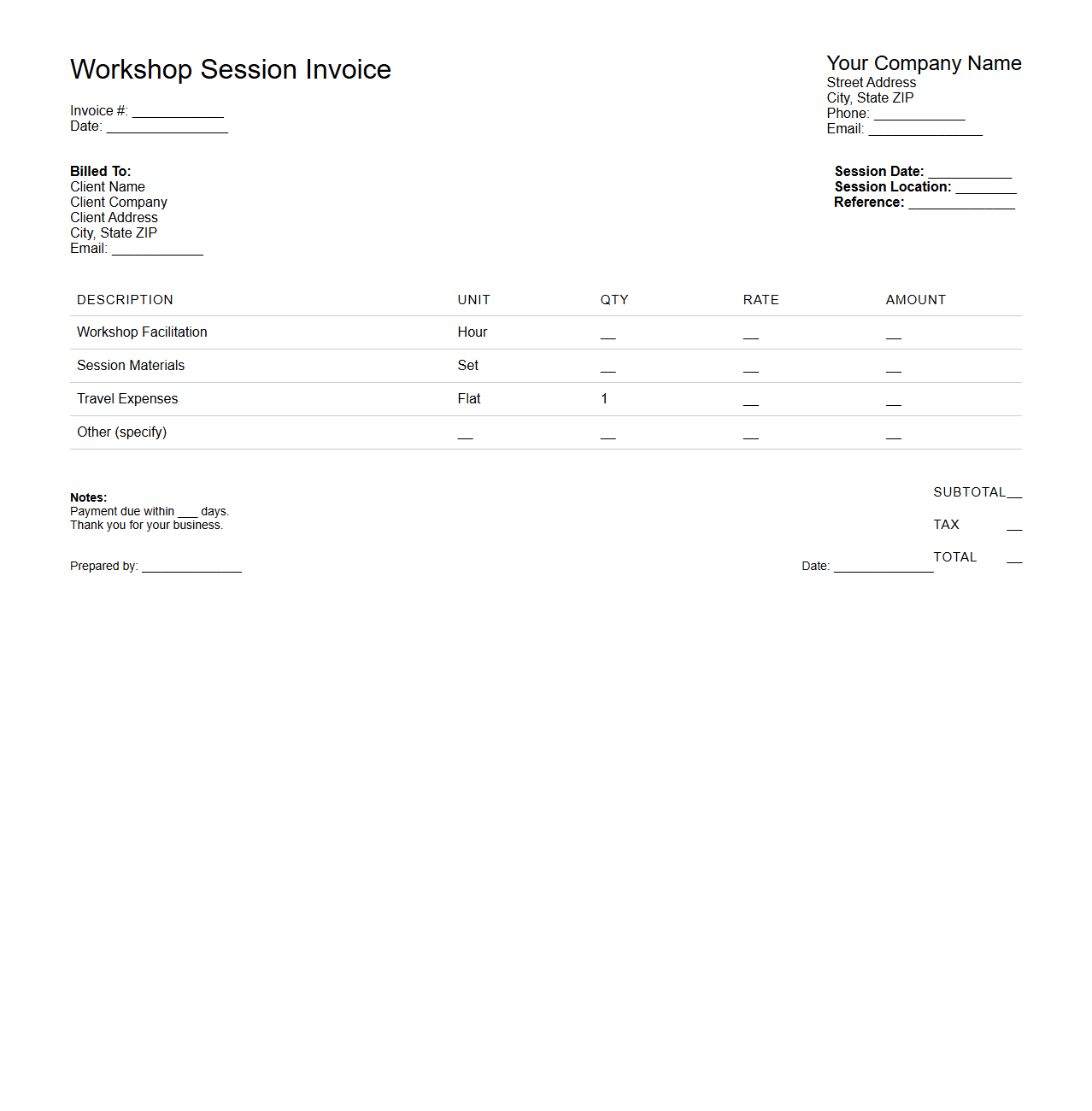 Itemized Workshop Session Invoice